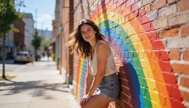 Young woman sitting on brick ledge by rainbow mural on sunlit urban sidewalk casual summer style