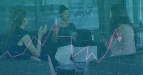 Women collaborating in office lounge with laptop and magenta growth chart overlay