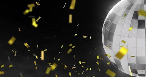 Rotating mirrored disco ball with gold confetti falling on dark cinematic background