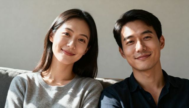 Smiling couple sitting on sofa enjoying soft daylight in modern minimalist home interior
