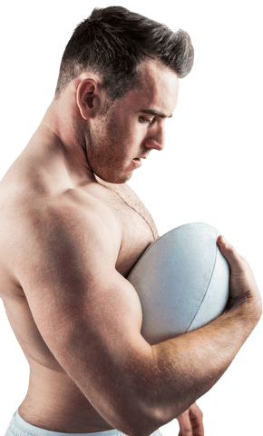 Shirtless Rugby Player Holding Ball in Transparent Background