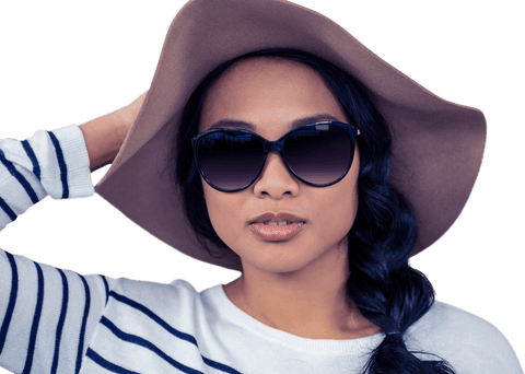 Stylish Woman in Sunglasses and Hat on White Transparent Background