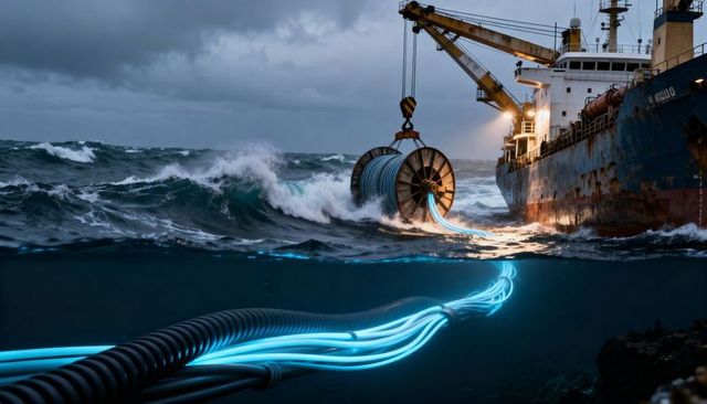 Deploying glowing subsea fiber cable from rusted vessel during stormy open ocean operation