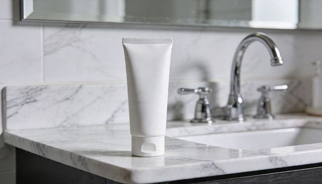 Minimal white cosmetic tube standing on marble bathroom vanity with chrome faucet