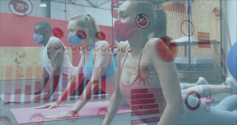 Gym Participants Stretching with Pandemic Indicators Overlay