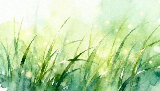 Swaying watercolor grass with soft bokeh and green wash texture for spring background