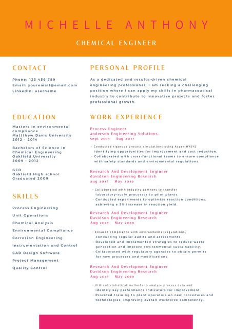 This is a well-organized, visually appealing resume template for a professional chemical engineer named Michelle Anthony. It includes contact information, personal profile, education background, work experience, and crucial skills. Ideal for job seekers in the chemical engineering field to capture recruiter attention. Useful for any job application process to present qualifications in a clear and concise manner. Editable layout to accommodate personalized details. Great for career fairs, online job applications, and networking events.