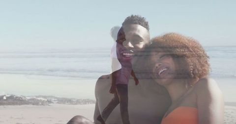 Joyful couple relaxing beachside with walking figure overlay