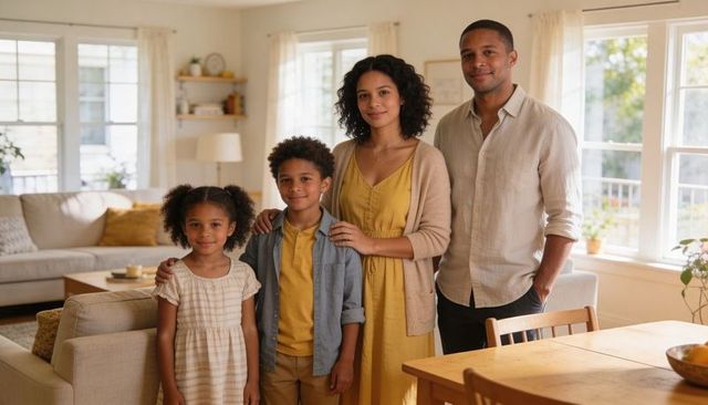 Smiling family of four standing in sunlit living room wearing coordinated yellow outfits