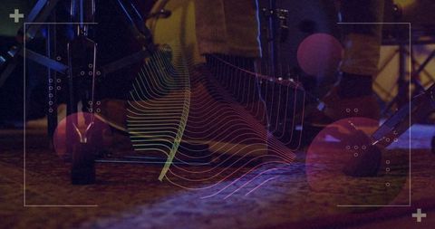 Glowing drum hardware showing pedal axle, rubber spurs, cables and neon wave overlay