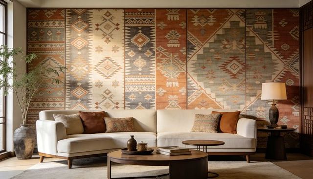 Cream sectional sofa anchoring warm midcentury living room with kilim textile panels