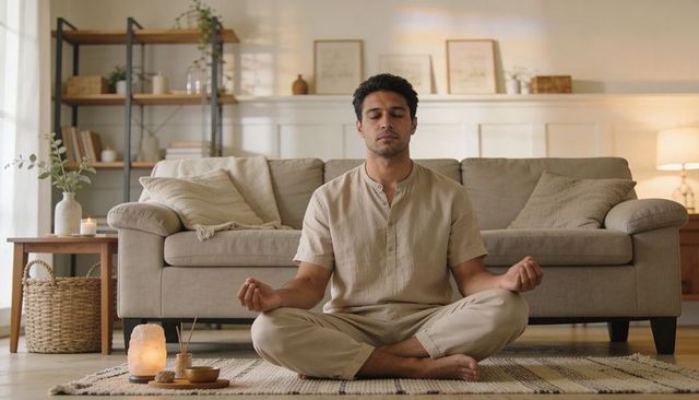 Meditating man practicing mindfulness in cozy minimalist living room with salt lamp, incense