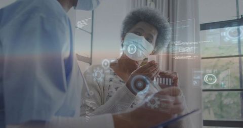 Masked patient consulting provider holding medication pack with augmented reality hud