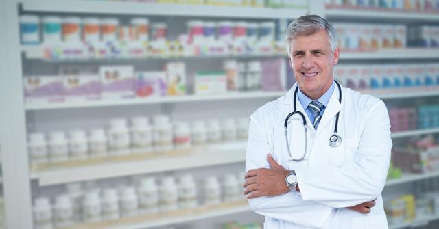 Depicting a confident male doctor in a white coat with a stethoscope, standing with arms crossed in a modern pharmacy, bottles and products on shelves behind him. This image can be used for medical websites, healthcare services brochures, and pharmacy advertisements, showcasing professionalism and trust in healthcare environments.