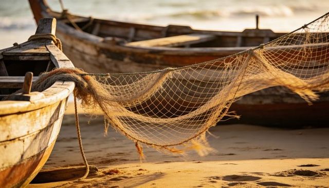 Golden-hour fishing net hanging between weathered wooden boats on sunlit sandy shore
