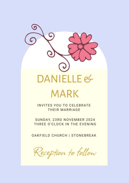 Elegant wedding invitation template perfect for announcing marriage celebrations. Features a pink flower design with space for couple names and wedding details. Ideal for church weddings and evening receptions. Suitable for personalized digital invites and printed stationery.