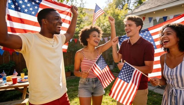 Diverse young adults celebrating fourth of july in sunny backyard waving american flags