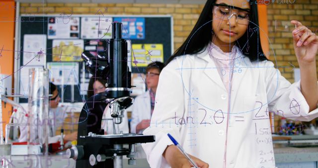 Image of mathematical equations floating over schoolchild wearing lab coat, using chemical equipment with classmates in the background. Education back to school concept digitally generated image.