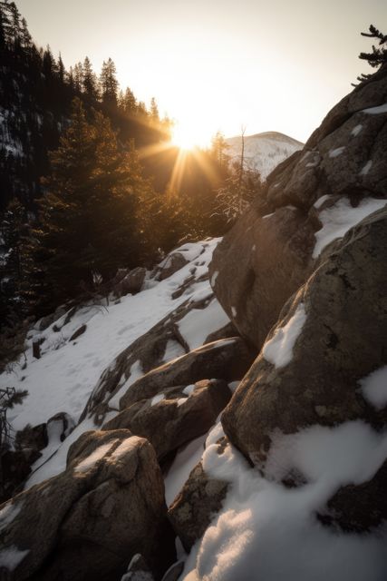 Sunrise peeks over a snowy mountain landscape. Golden rays illuminate the serene outdoor setting, showcasing nature's beauty in the quiet of dawn.