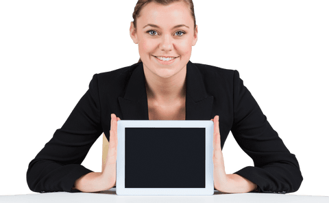 Businesswoman Holding Transparent Digital Tablet with Blank Screen