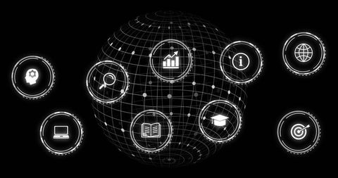 Floating digital globe with interconnected education and data icons