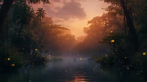 Cinematic dusk lagoon with glowing fireflies drifting over jungle waterway and distant canoe