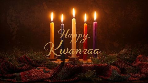 Warm kwanzaa kinara with five lit candles and festive kente cloth centerpiece