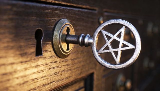 Antique pentagram key turning in brass keyhole on weathered wooden door, mystic lock
