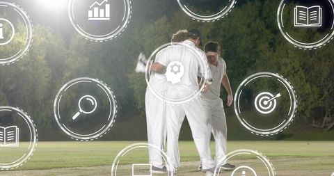 Cricket team huddle under floodlights with hud analytics overlay for sports strategy
