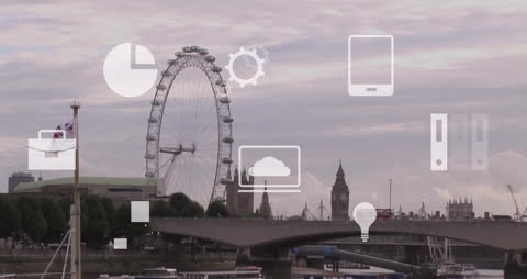 Digital Business Icons Overlaying Urban River Scene