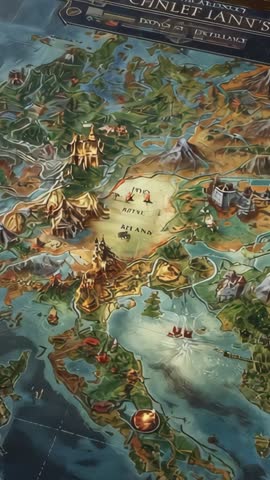 Vertical panning over fantasy board game map revealing castles, coasts and adventure