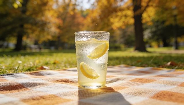 Refreshing sparkling lemon drink on picnic blanket in autumn park sunlight, lemon wedges