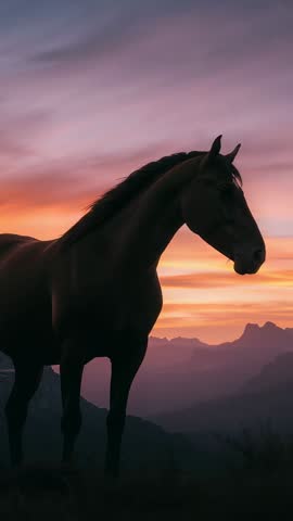 Vertical video: Dark horse standing on ridge at sunset with layered mountain horizon