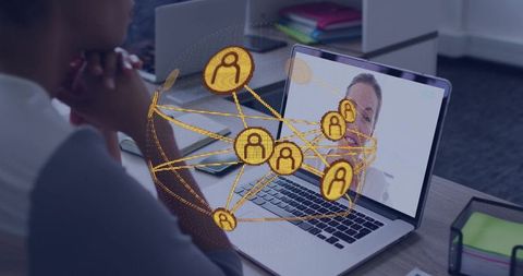 Connecting remote team with holographic network overlay on laptop during virtual meeting