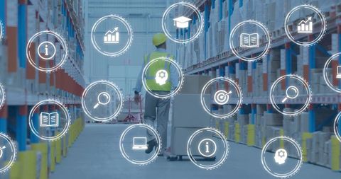 Warehouse Worker Pushing Loaded Pallet Jack with Digital Logistics Icons Overlay
