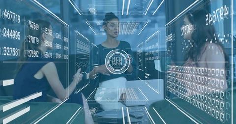 Female Executive Presenting Futuristic Holographic Data Interface in Corporate Meeting Room