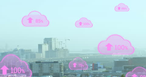 Digital Cloud Icons Emerging Over Modern Cityscape