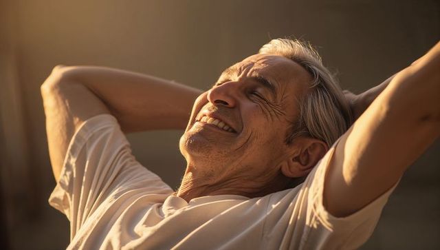 Senior man relaxing in warm golden light at home with hands behind head, smiling peacefully
