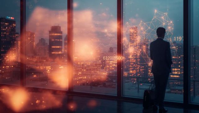 Executive standing at panoramic office window gazing at city skyline with ar data overlays