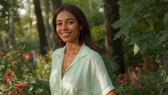 Young Woman Enjoying Calmness in Blooming Garden Atmosphere