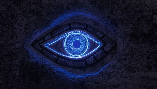 Neon Blue Eye Emblem in Mysterious Underground Chamber