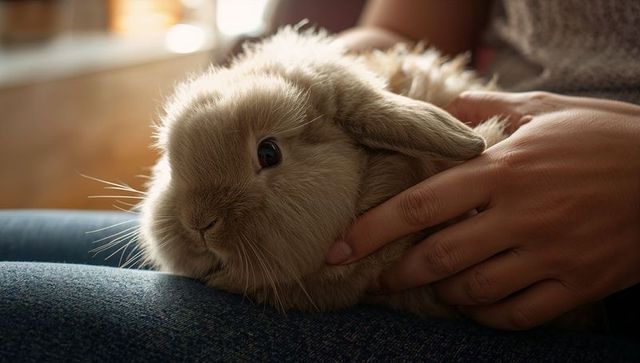 Cradling lop-eared rabbit on denim lap in warm window light, hands holding soft fur