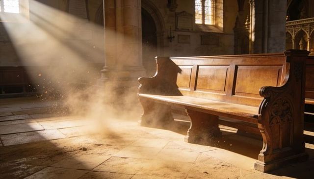 Sunlit wooden church pew with dust motes in historic gothic nave evoking quiet reflection