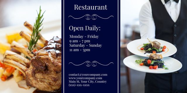 Perfect for showcasing fine dining restaurant menus with gourmet dishes. Ideal for promoting daily operating hours and contact details. Useful for restaurant advertising, food events, and social media posts highlighting exquisite dining experiences.