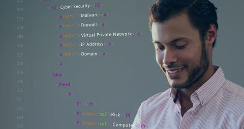 smiling programmer working on laptop with code overlay - Download Free Stock Images Pikwizard.com