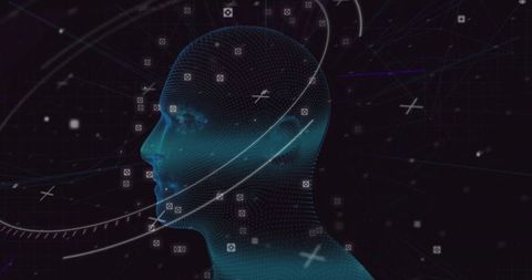 Futuristic wireframe head with data visualization elements