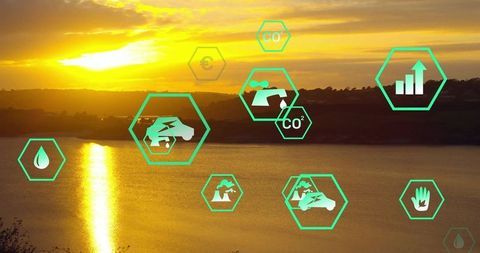 Sunset Over Lake with Tech Icons Highlighting Environmental Themes