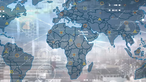 Global Network Connections over World Map and Cityscape