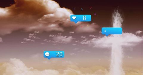 Floating social media notification bubbles over surreal sepia sky with cloud plume