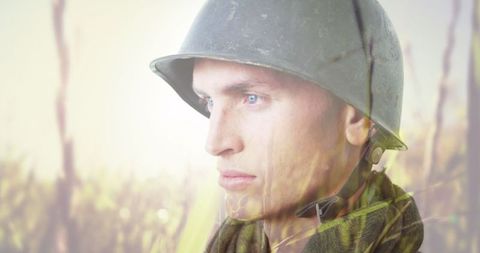 Soldier in Helmet with Nature Overlay Representing Peace and Duty - Download Free Stock Images Pikwizard.com